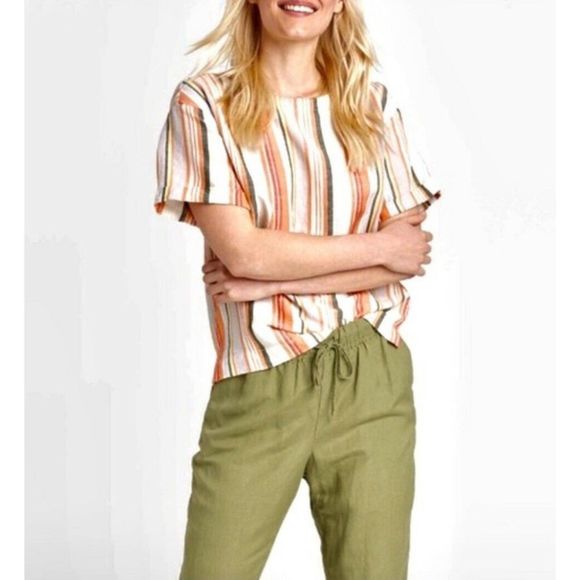 Striped Linen Short Roll Sleeve Shirt 